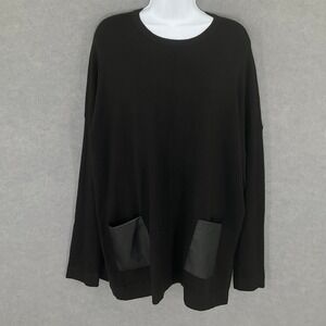 Tahari Black Knit‎ Sweater Wool Blend Faux Leather Pockets Long Sleeve Sz L